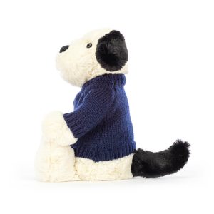 Bashful Black & Cream Puppy with Personalised Navy Jumper